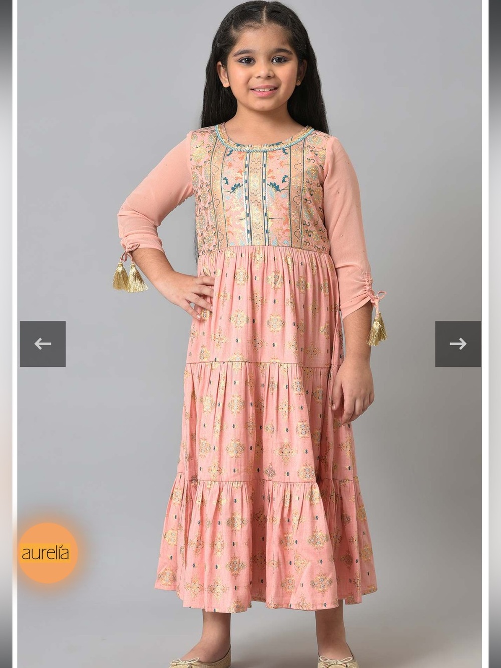 Girls Peach Floral Printed Tiered Dress